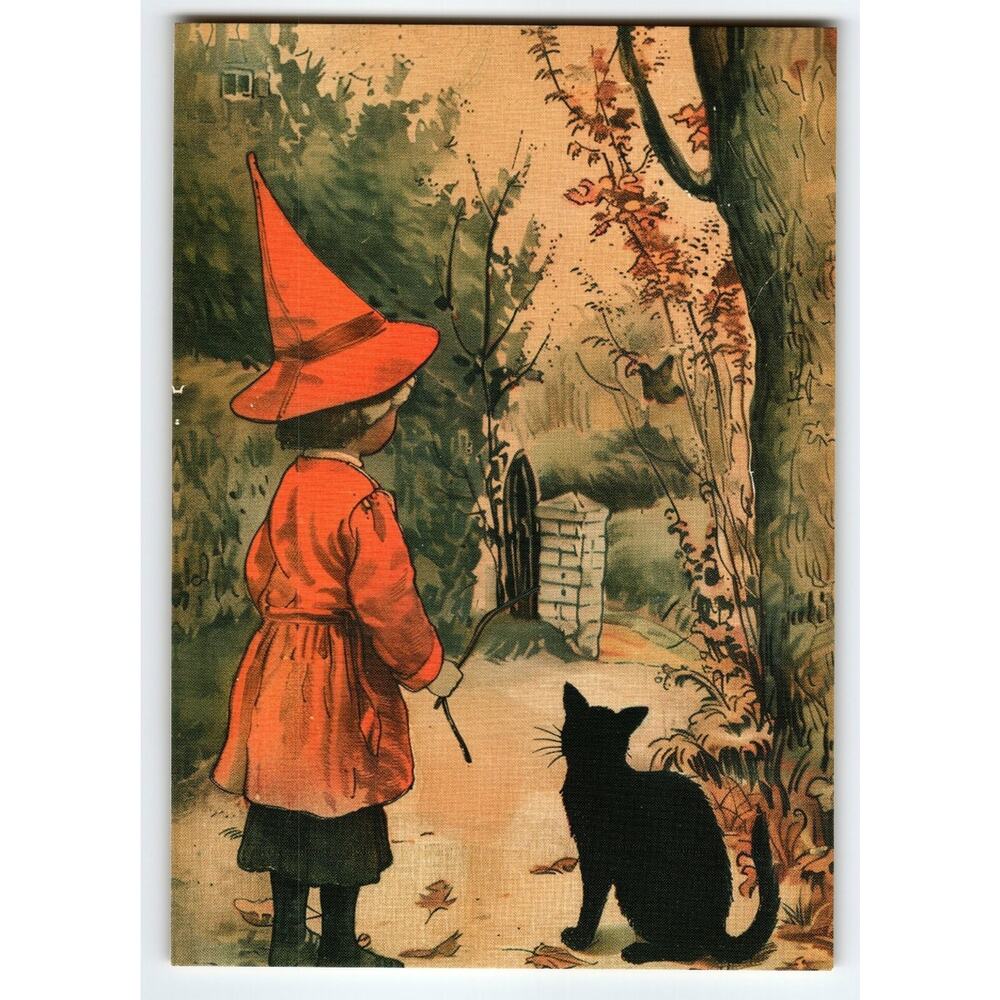 Vintage Halloween Postcard Witch Girl with Black Cat Lithograph 5.5x4